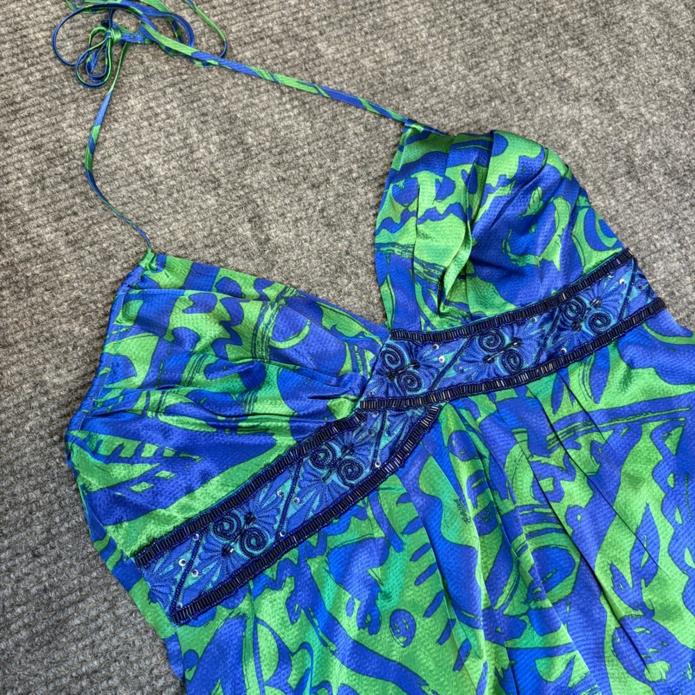 Hale Bob Silk Halter Dress Blue Green Paisley Beaded Empire Waist Women's L